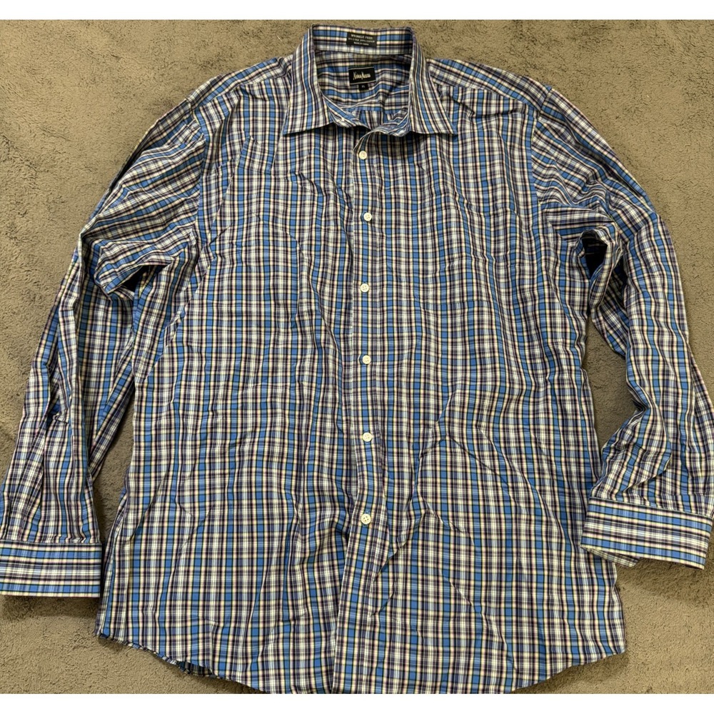 Neiman Marcus Shirt Mens XL Plaid Wrinkle Free 80s 2-Ply Cotton Long Sleeve